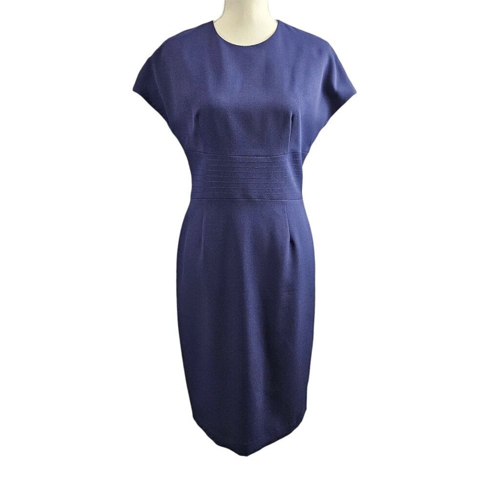 Anne Klein New Short Sleeve Cap Solid Navy A-line Midi Shift Dress